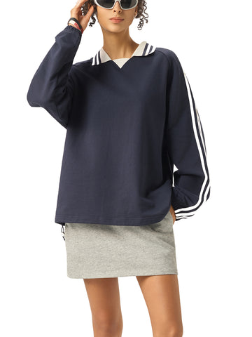 Contrast Striped Lapel Collar Sweatshirt Contrast Striped Lapel Collar Sweatshirt